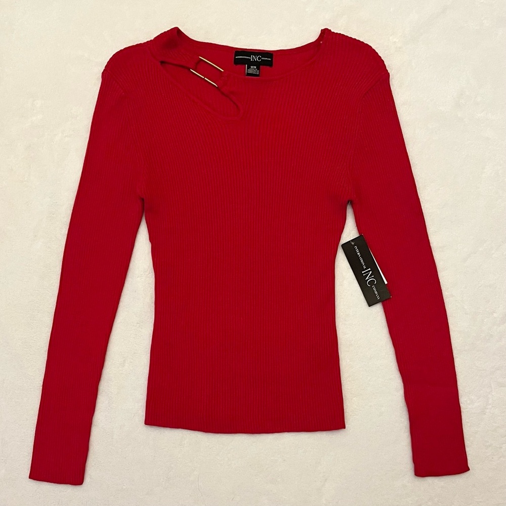 INC Red Ribbed Knit Long Sleeve Top Front Cutout Gold Hardware Size M